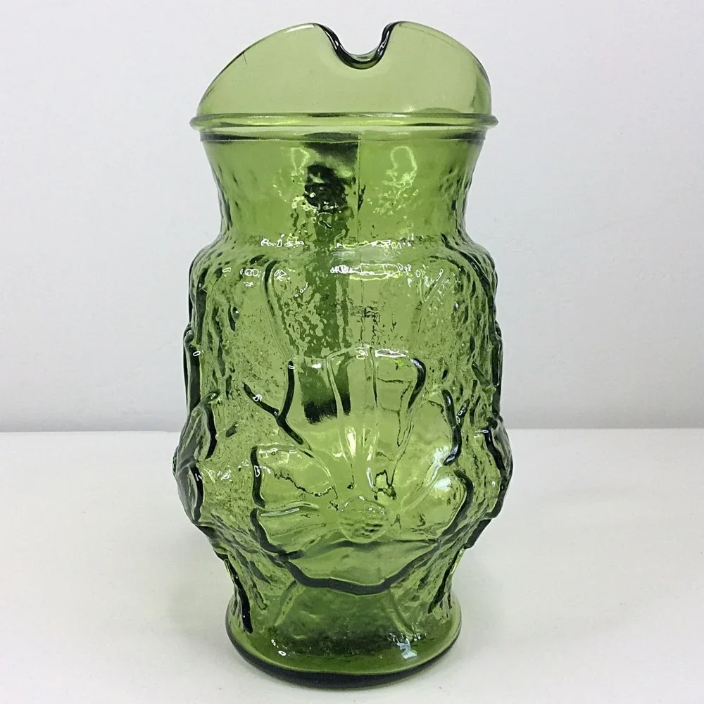 Vintage Anchor Hocking Rain Flower Avocado Green Glass Pitcher 60s 70s MCM